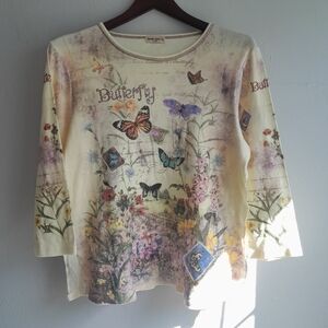 Floral Butterfly Print Long Sleeve Top
